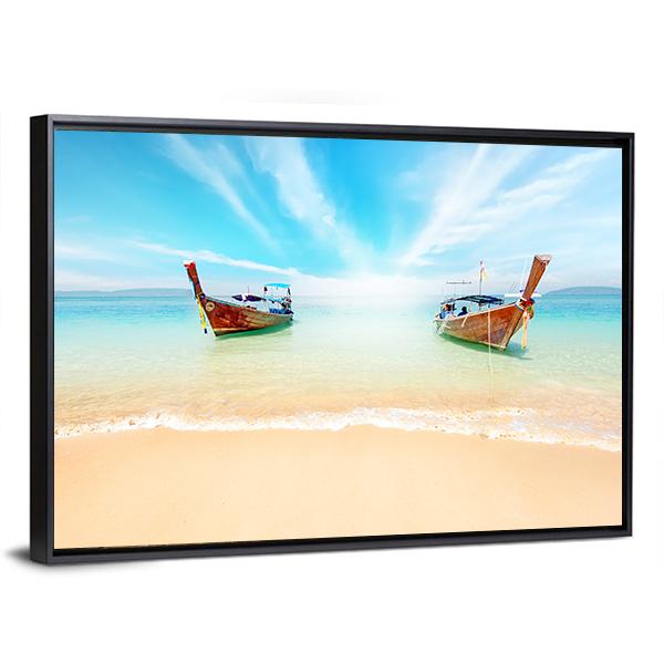 Sandy Beach And Travel Boats Canvas Wall Art-3 Horizontal-Gallery Wrap-25" x 16"-Tiaracle