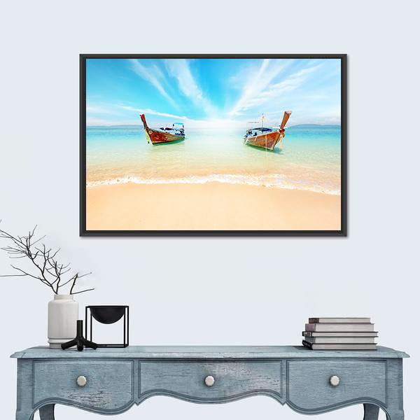 Sandy Beach And Travel Boats Canvas Wall Art-5 Horizontal-Gallery Wrap-22" x 12"-Tiaracle