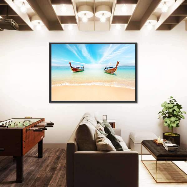 Sandy Beach And Travel Boats Canvas Wall Art-5 Horizontal-Gallery Wrap-22" x 12"-Tiaracle
