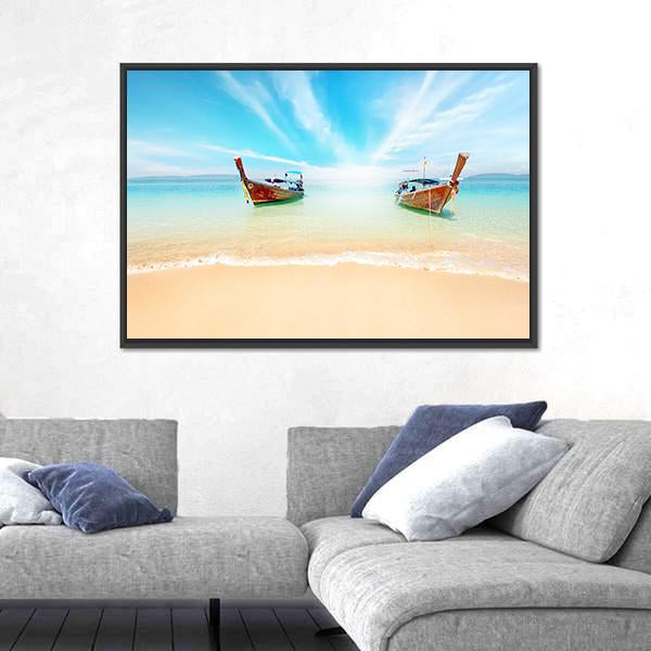 Sandy Beach And Travel Boats Canvas Wall Art-1 Piece-Floating Frame-24" x 16"-Tiaracle
