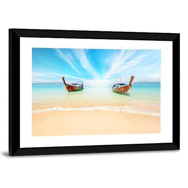 Sandy Beach And Travel Boats Canvas Wall Art-3 Horizontal-Gallery Wrap-25" x 16"-Tiaracle