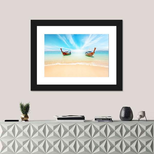 Sandy Beach And Travel Boats Canvas Wall Art-5 Horizontal-Gallery Wrap-22" x 12"-Tiaracle