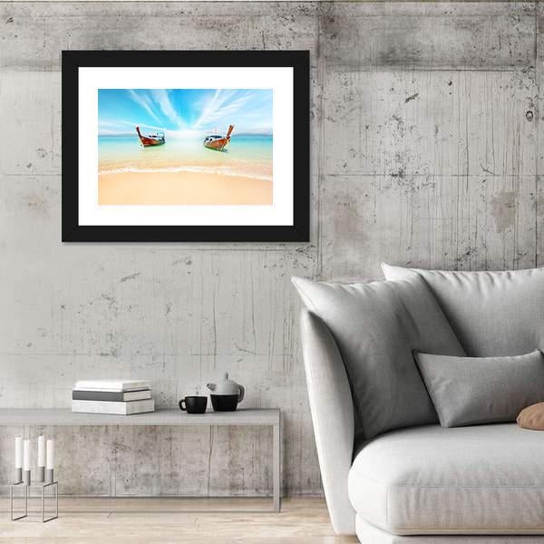 Sandy Beach And Travel Boats Canvas Wall Art-3 Horizontal-Gallery Wrap-25" x 16"-Tiaracle