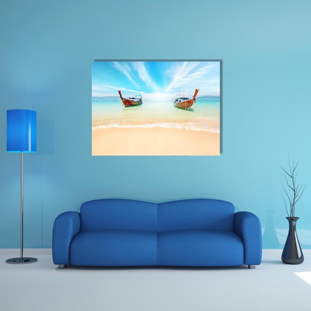 Sandy Beach And Travel Boats Canvas Wall Art-1 Piece-Gallery Wrap-48" x 32"-Tiaracle