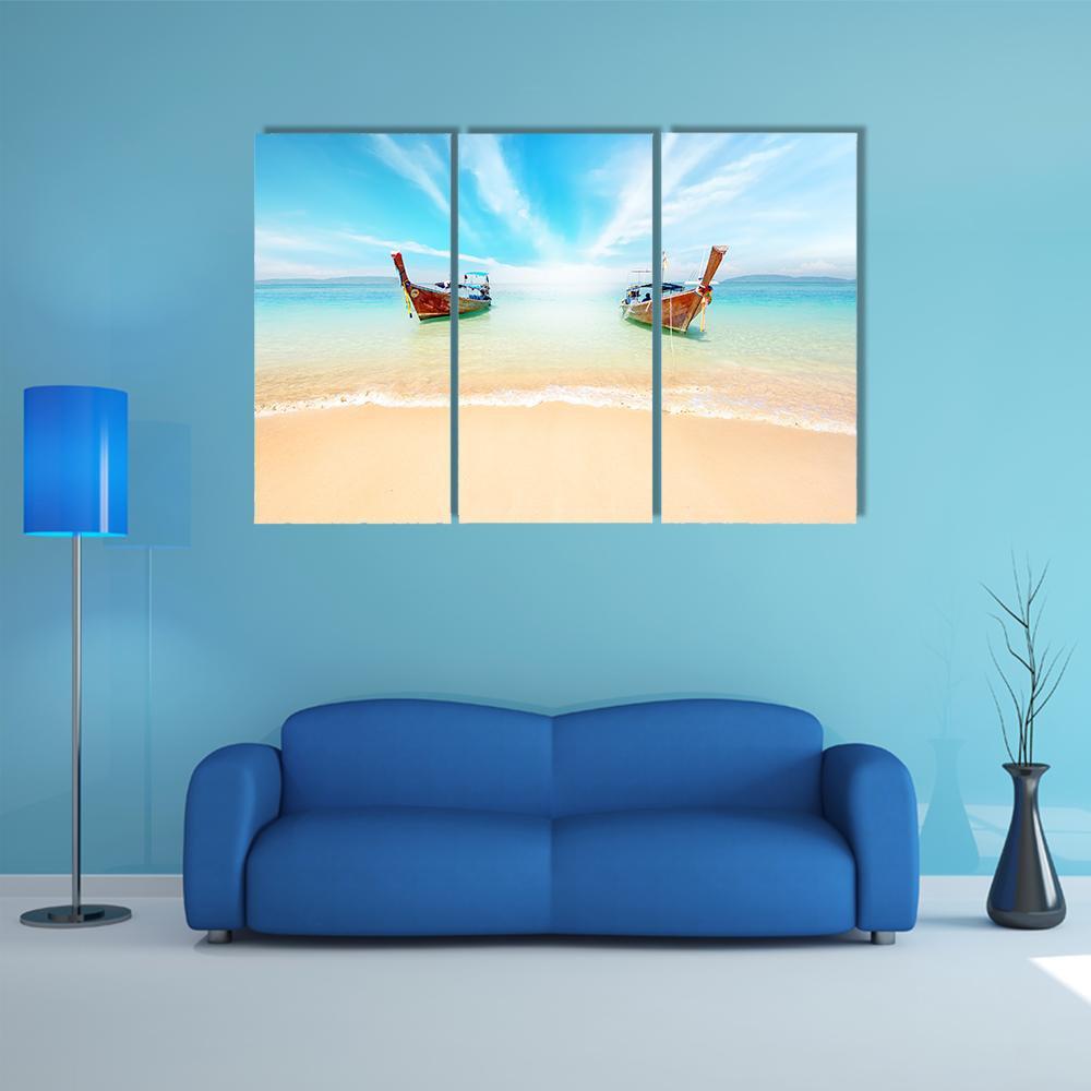 Sandy Beach And Travel Boats Canvas Wall Art-3 Horizontal-Gallery Wrap-37" x 24"-Tiaracle