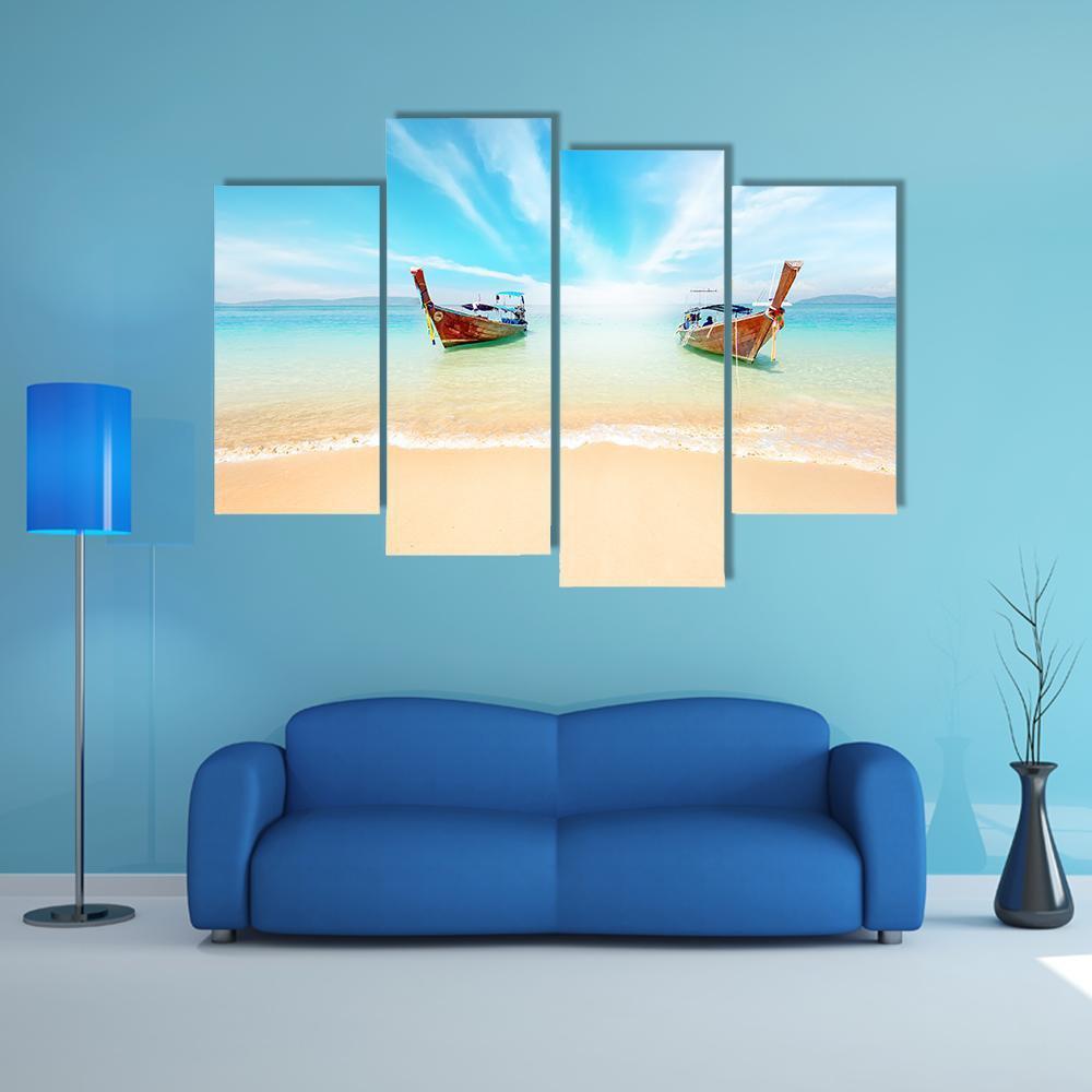 Sandy Beach And Travel Boats Canvas Wall Art-4 Pop-Gallery Wrap-50" x 32"-Tiaracle