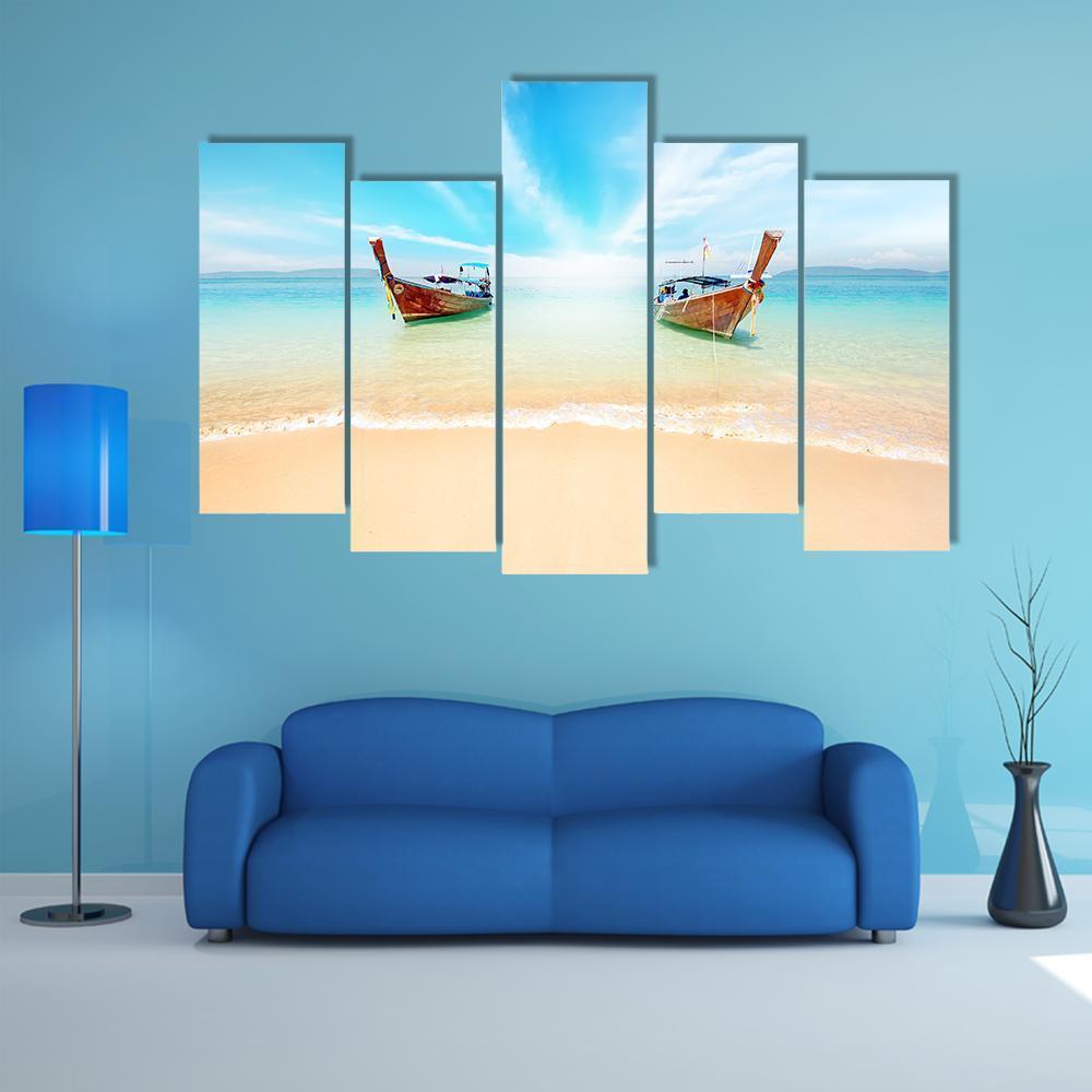 Sandy Beach And Travel Boats Canvas Wall Art-5 Pop-Gallery Wrap-47" x 32"-Tiaracle