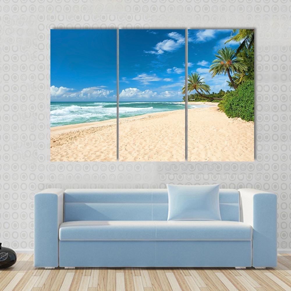 Sandy Beach With Palms Trees And Azure Ocean Canvas Wall Art-3 Horizontal-Gallery Wrap-37" x 24"-Tiaracle