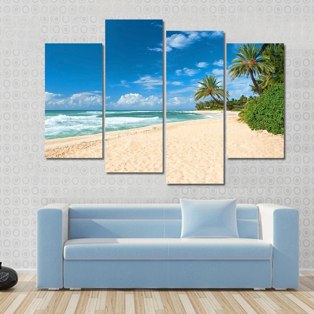 Sandy Beach With Palms Trees And Azure Ocean Canvas Wall Art-4 Pop-Gallery Wrap-50" x 32"-Tiaracle