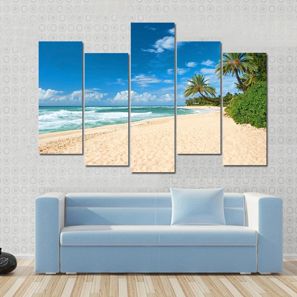 Sandy Beach With Palms Trees And Azure Ocean Canvas Wall Art-5 Pop-Gallery Wrap-47" x 32"-Tiaracle