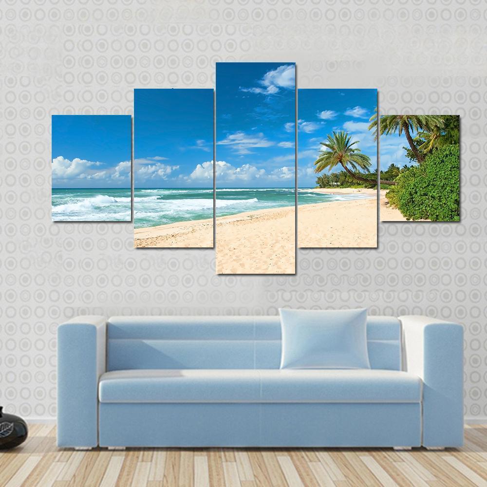 Sandy Beach With Palms Trees And Azure Ocean Canvas Wall Art-5 Star-Gallery Wrap-62" x 32"-Tiaracle