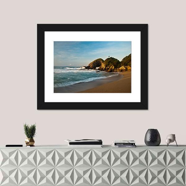 Sandy Beach With Rocks At Sunrise Canvas Wall Art-1 Piece-Framed Print-20" x 16"-Tiaracle