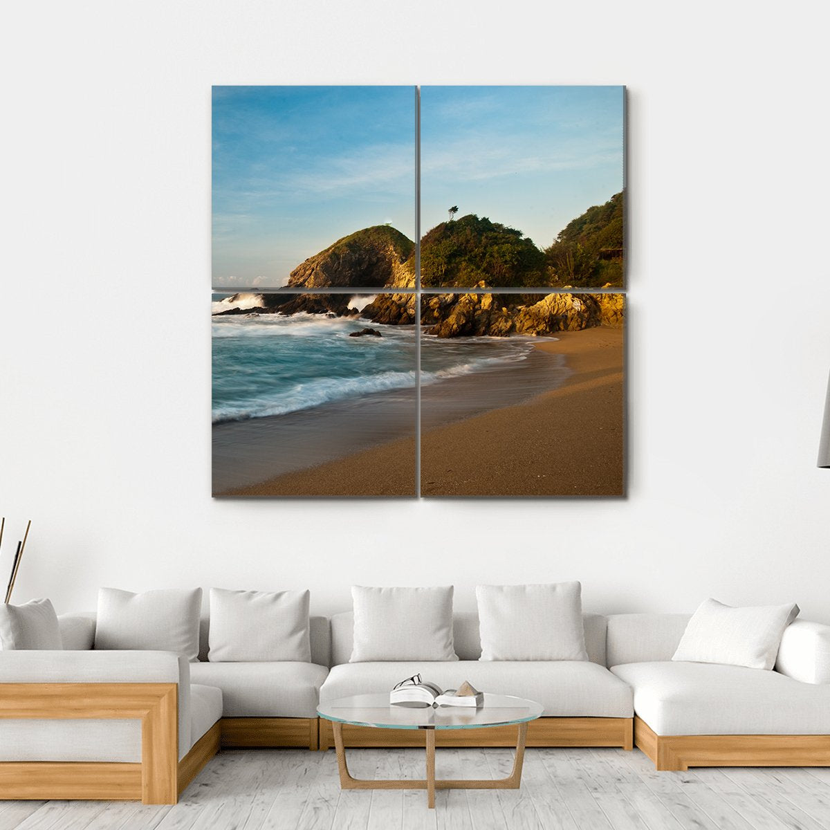Sandy Beach With Rocks At Sunrise Canvas Wall Art-4 Square-Gallery Wrap-17" x 17"-Tiaracle