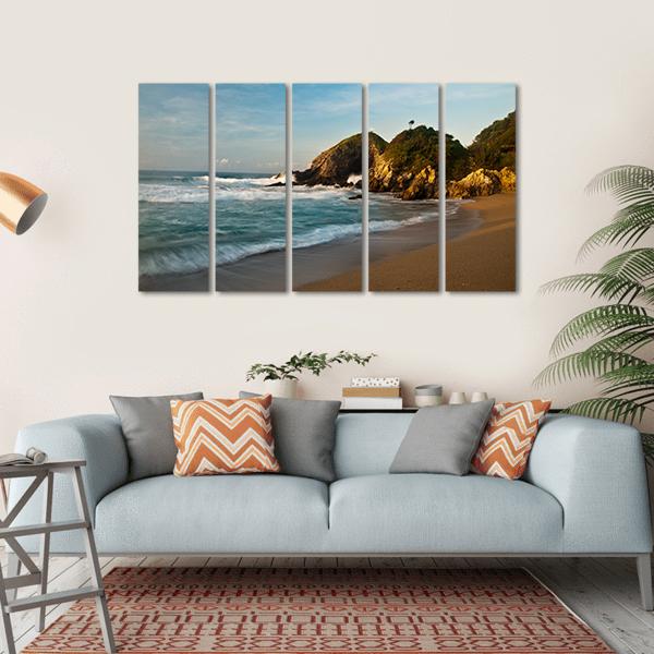 Sandy Beach With Rocks At Sunrise Canvas Wall Art-5 Horizontal-Gallery Wrap-22" x 12"-Tiaracle