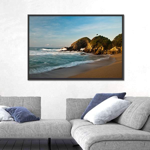 Sandy Beach With Rocks At Sunrise Canvas Wall Art-3 Horizontal-Gallery Wrap-25" x 16"-Tiaracle