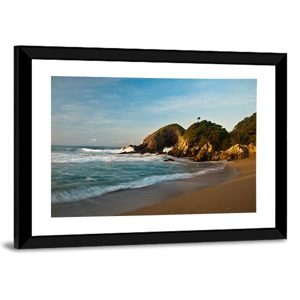 Sandy Beach With Rocks At Sunrise Canvas Wall Art-3 Horizontal-Gallery Wrap-25" x 16"-Tiaracle
