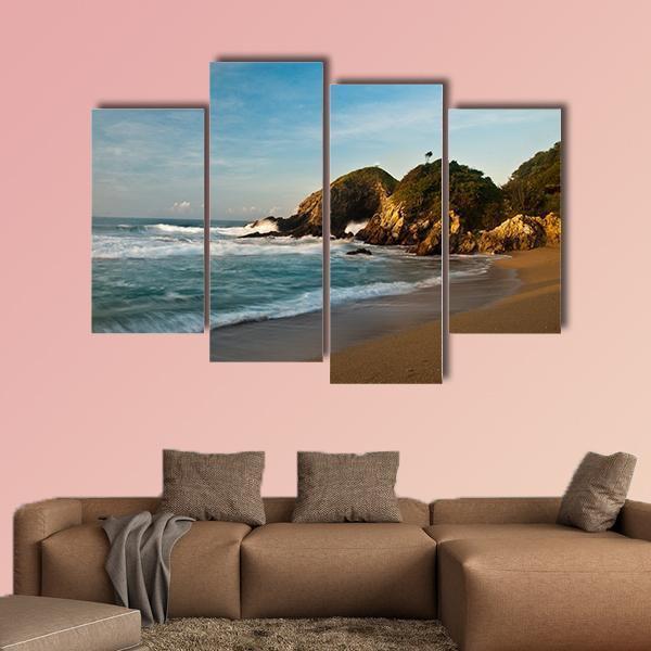 Sandy Beach With Rocks At Sunrise Canvas Wall Art-4 Pop-Gallery Wrap-50" x 32"-Tiaracle