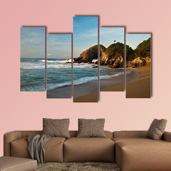 Sandy Beach With Rocks At Sunrise Canvas Wall Art-5 Pop-Gallery Wrap-47" x 32"-Tiaracle
