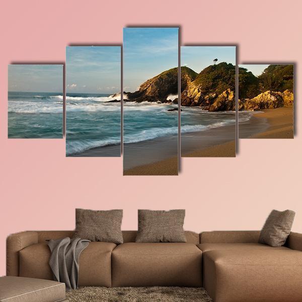 Sandy Beach With Rocks At Sunrise Canvas Wall Art-5 Star-Gallery Wrap-62" x 32"-Tiaracle