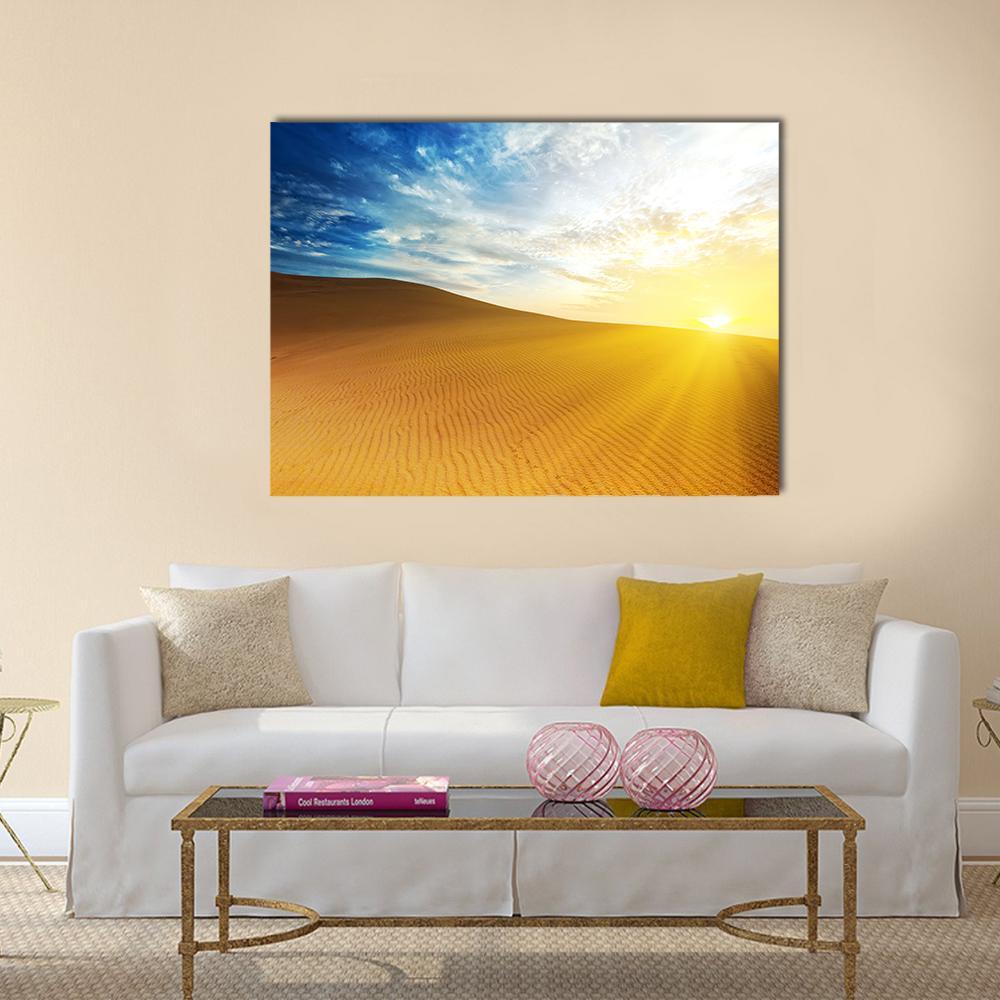 Sandy Desert at Sunrise in Vietnam Canvas Wall Art in orange, yellow and blue, single panel hung on a wall