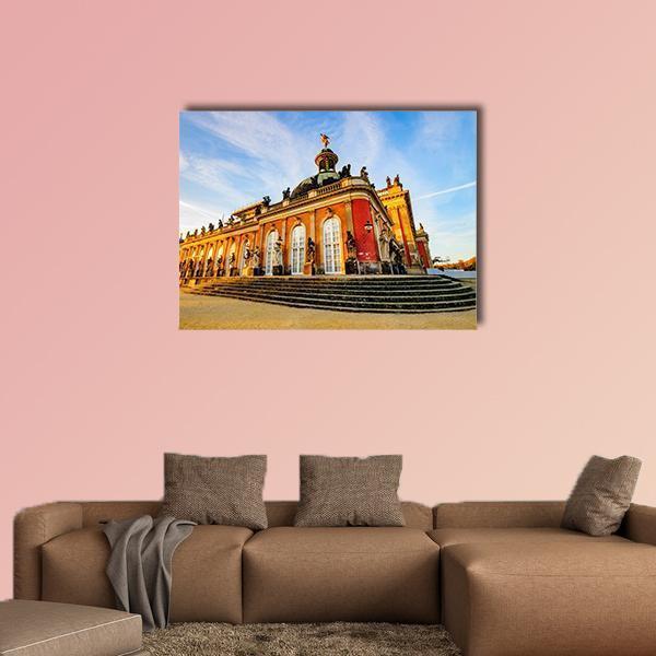 Sanssouci Palace in Potsdam Canvas Wall Art in orange, yellow and blue, single panel hung on a wall