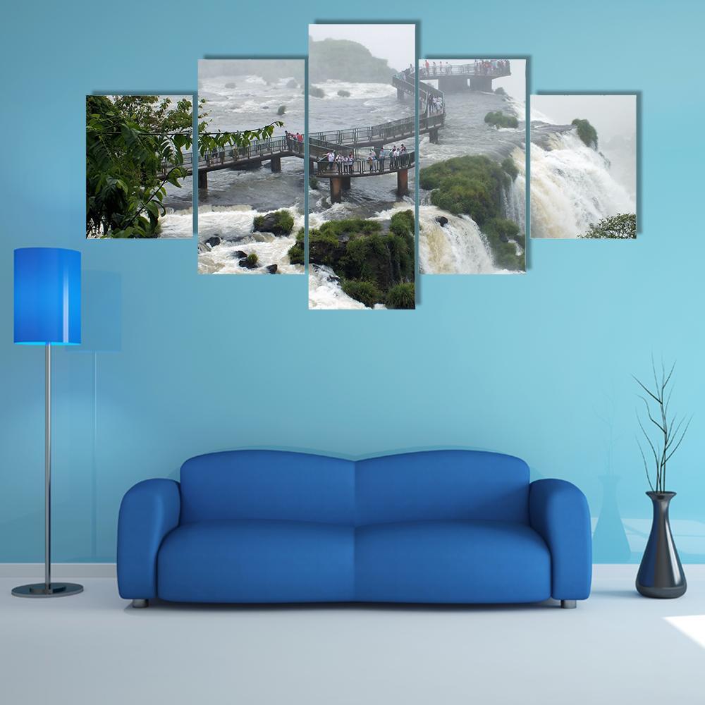 Santa Maria Falls with Wooden Walkway Canvas Wall Art in white, gray and green, 5 panel Star layout hung on a wall