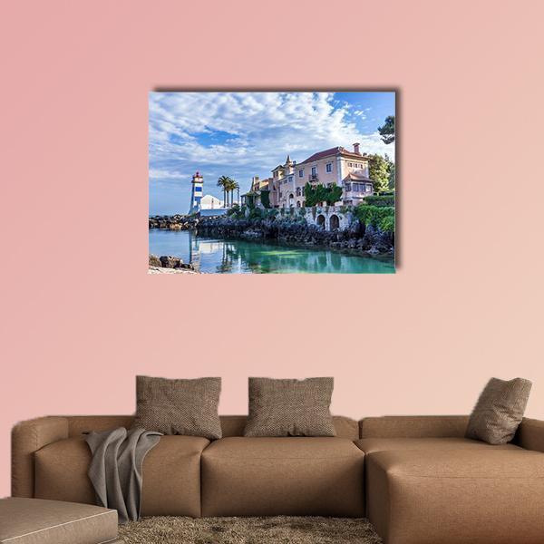 Santa Marta Lighthouse and Museum, Cascais Canvas Wall Art in white, beige and blue, single panel hung on a wall