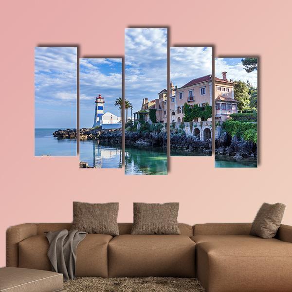 Santa Marta Lighthouse And Museum In Cascais Canvas Wall Art-5 Pop-Gallery Wrap-47" x 32"-Tiaracle