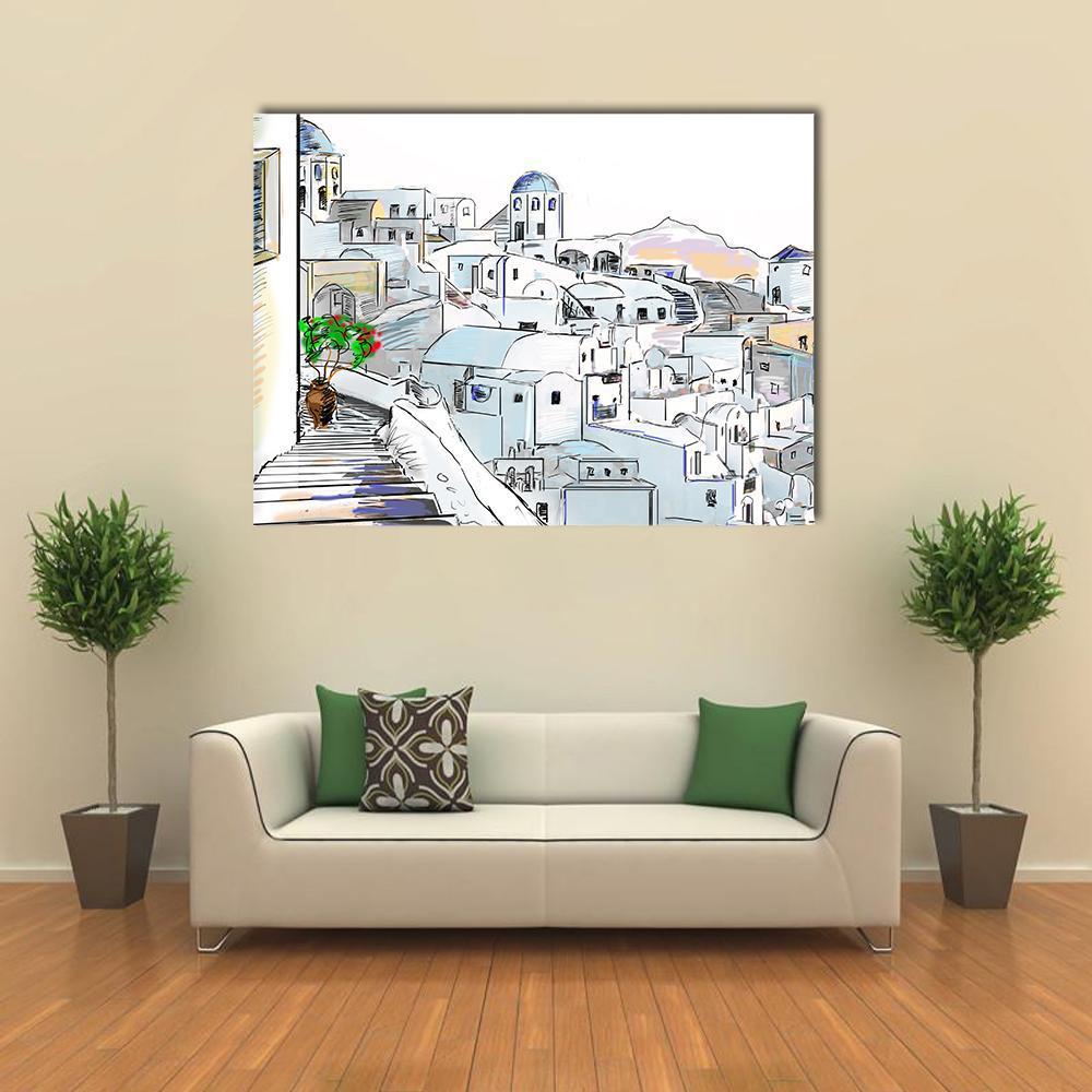 Santorini Village with Whitewashed Buildings Canvas Wall Art in white, gray and blue, single panel hung on a wall