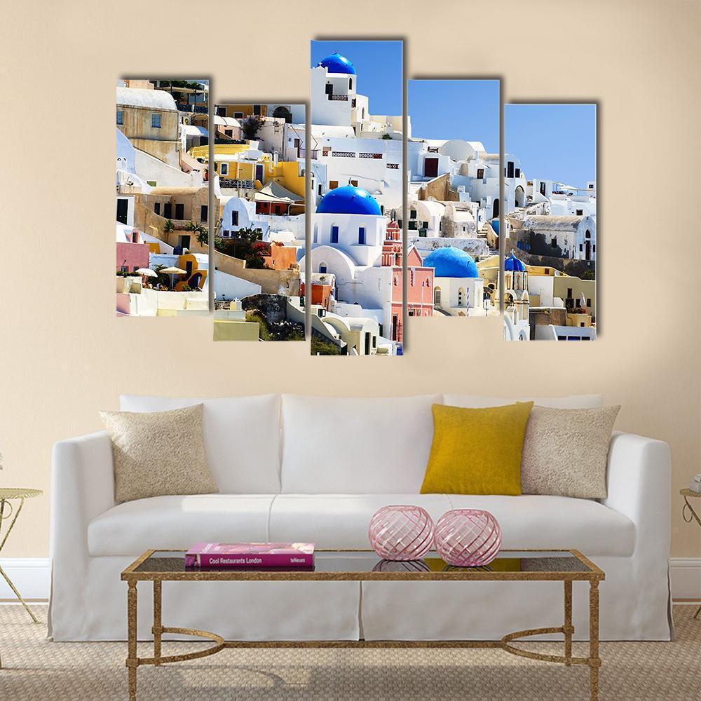 Santorini Island In Greece Village Of Oia Canvas Wall Art-5 Pop-Gallery Wrap-47" x 32"-Tiaracle