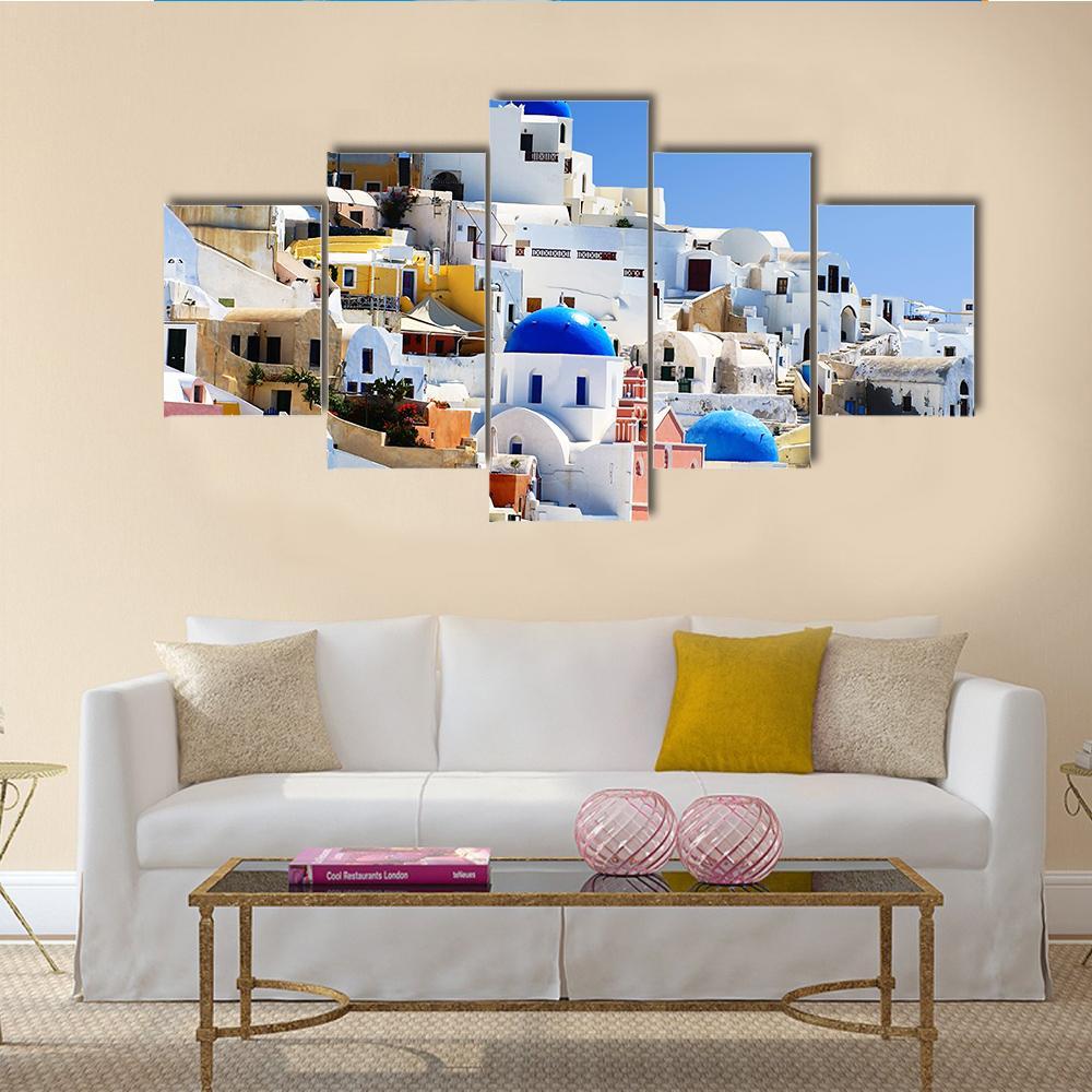Santorini Island In Greece Village Of Oia Canvas Wall Art-5 Star-Gallery Wrap-62" x 32"-Tiaracle