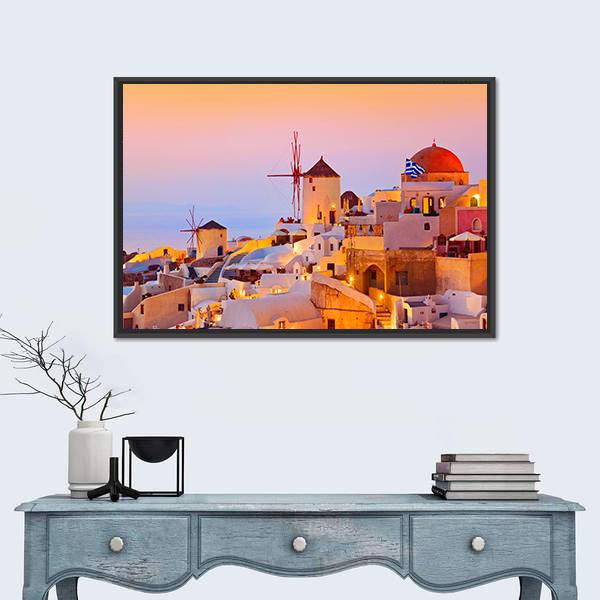 Santorini Sunset In Oia Greece Canvas Wall Art-1 Piece-Floating Frame-24" x 16"-Tiaracle