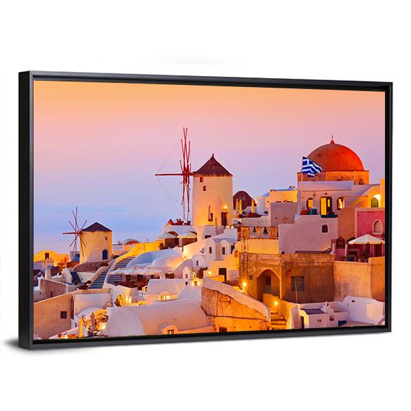 Santorini Sunset In Oia Greece Canvas Wall Art-3 Horizontal-Gallery Wrap-25" x 16"-Tiaracle