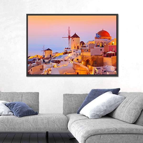 Santorini Sunset In Oia Greece Canvas Wall Art-3 Horizontal-Gallery Wrap-25" x 16"-Tiaracle