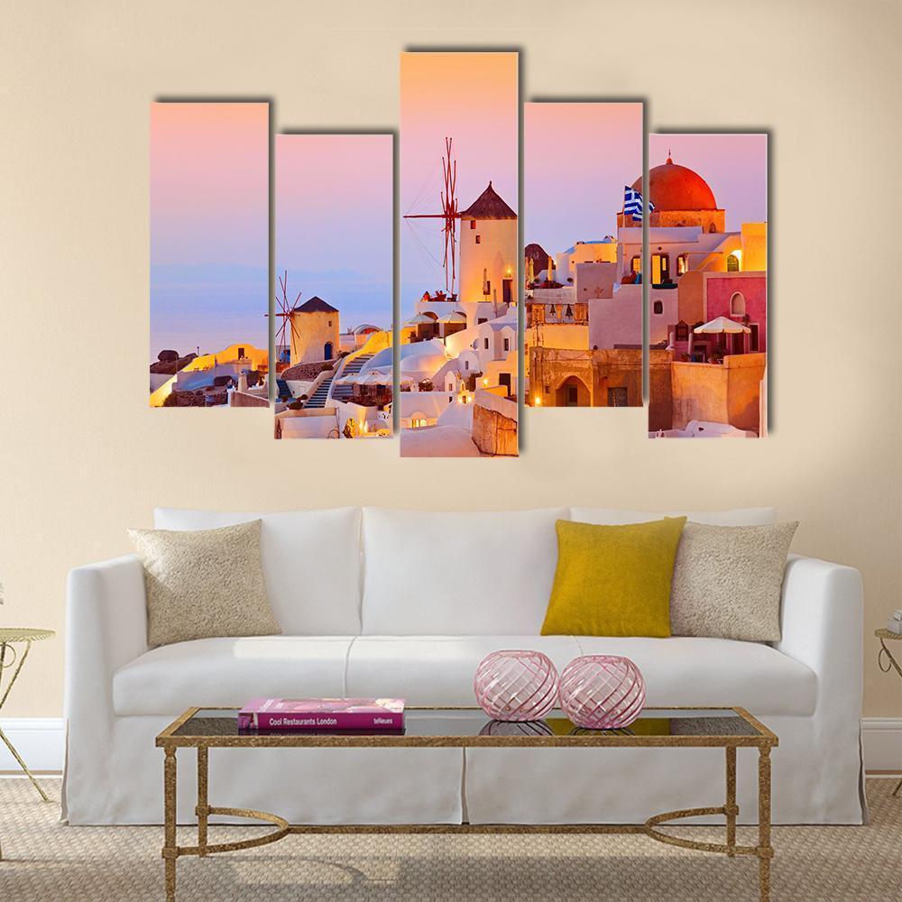 Santorini Sunset In Oia Greece Canvas Wall Art-5 Pop-Gallery Wrap-47" x 32"-Tiaracle