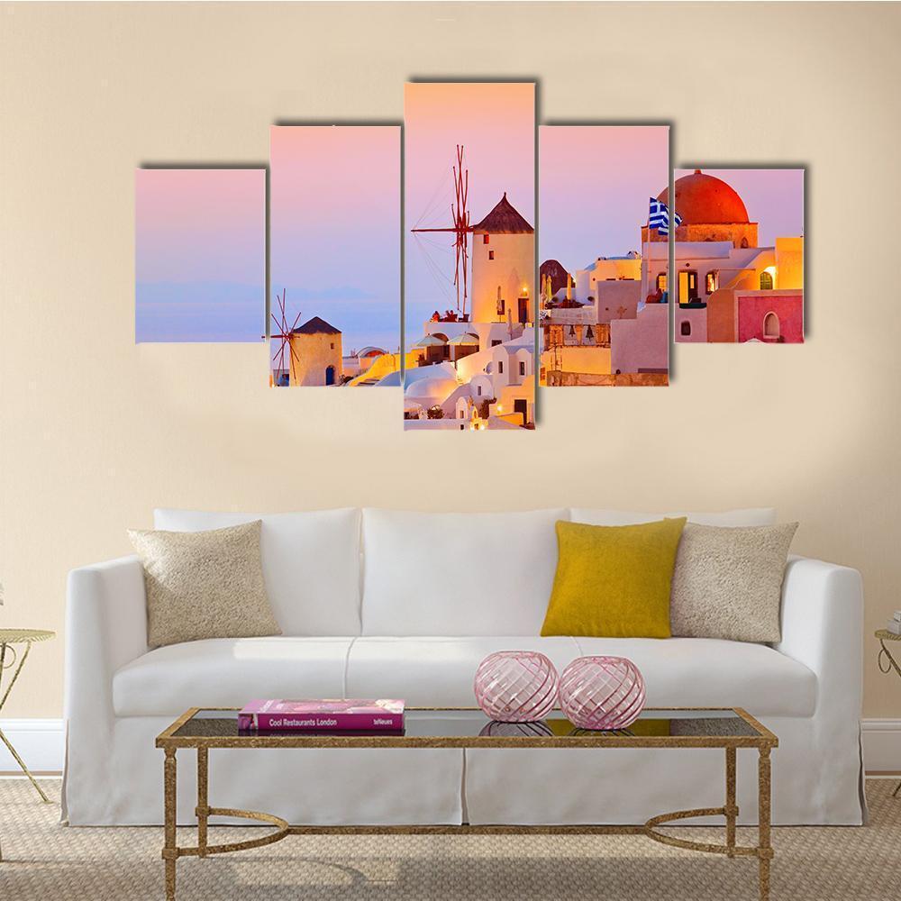 Santorini Sunset In Oia Greece Canvas Wall Art-5 Star-Gallery Wrap-62" x 32"-Tiaracle