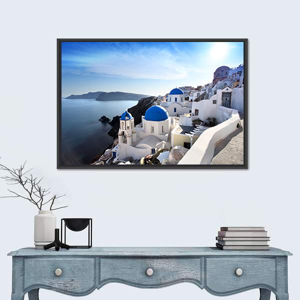 Santorini With Churches Canvas Wall Art-1 Piece-Floating Frame-24" x 16"-Tiaracle