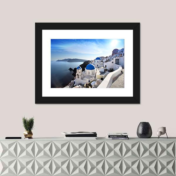 Santorini With Churches Canvas Wall Art-1 Piece-Framed Print-20" x 16"-Tiaracle
