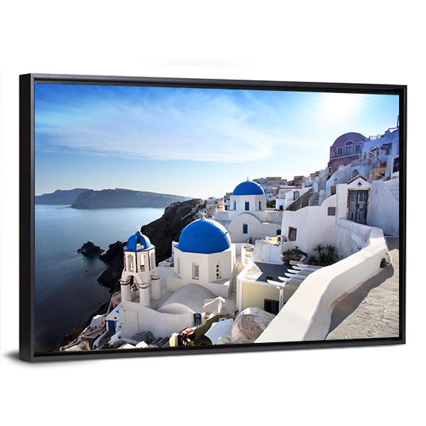 Santorini With Churches Canvas Wall Art-3 Horizontal-Gallery Wrap-25" x 16"-Tiaracle