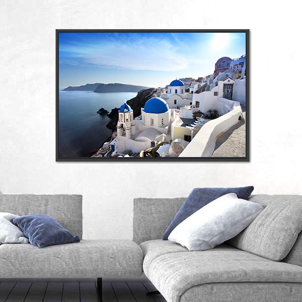 Santorini With Churches Canvas Wall Art-3 Horizontal-Gallery Wrap-25" x 16"-Tiaracle