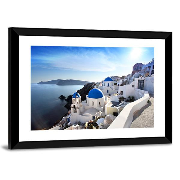 Santorini With Churches Canvas Wall Art-3 Horizontal-Gallery Wrap-25" x 16"-Tiaracle