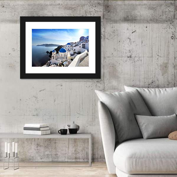 Santorini With Churches Canvas Wall Art-3 Horizontal-Gallery Wrap-25" x 16"-Tiaracle