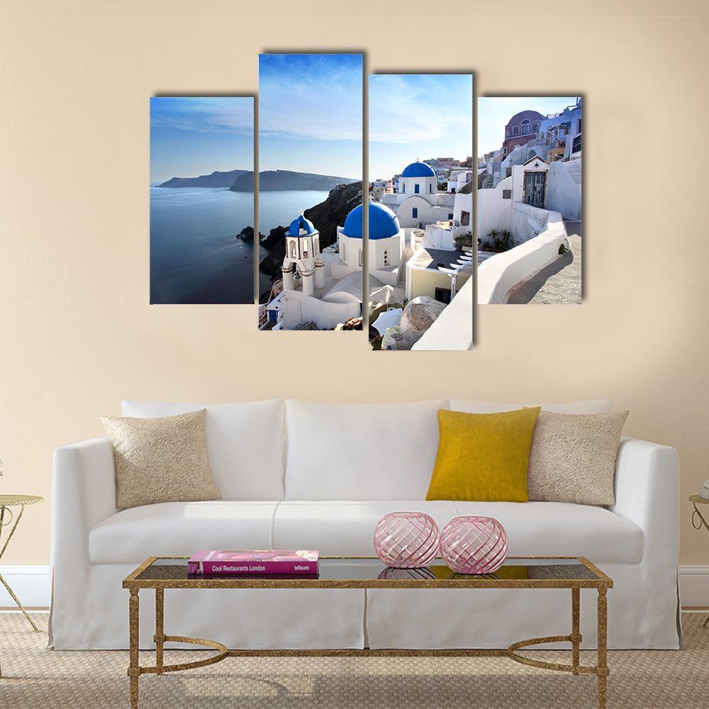 Santorini With Churches Canvas Wall Art-4 Pop-Gallery Wrap-50" x 32"-Tiaracle