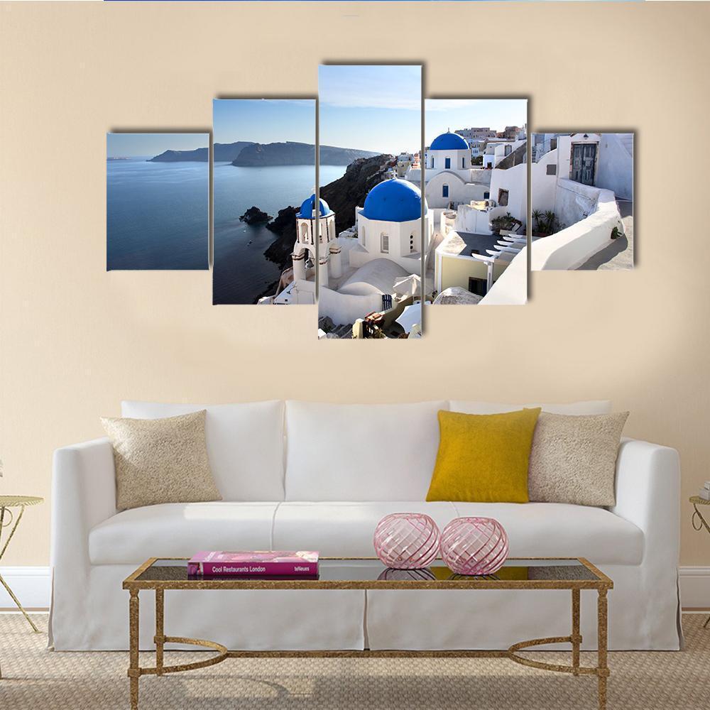 Santorini With Churches Canvas Wall Art-5 Star-Gallery Wrap-62" x 32"-Tiaracle