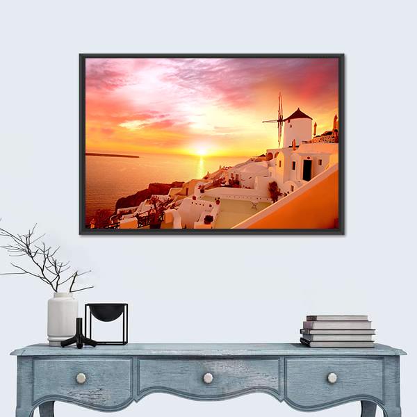 Santorini With Famous Windmill In Greece Canvas Wall Art-1 Piece-Floating Frame-24" x 16"-Tiaracle