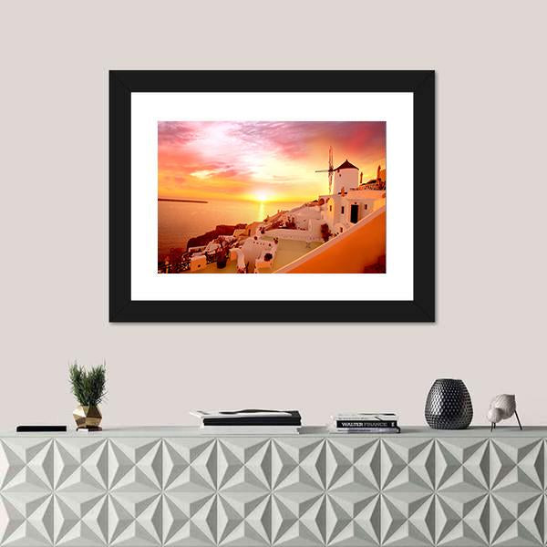 Santorini With Famous Windmill In Greece Canvas Wall Art-1 Piece-Framed Print-20" x 16"-Tiaracle
