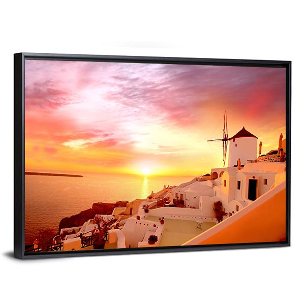 Santorini With Famous Windmill In Greece Canvas Wall Art-3 Horizontal-Gallery Wrap-25" x 16"-Tiaracle