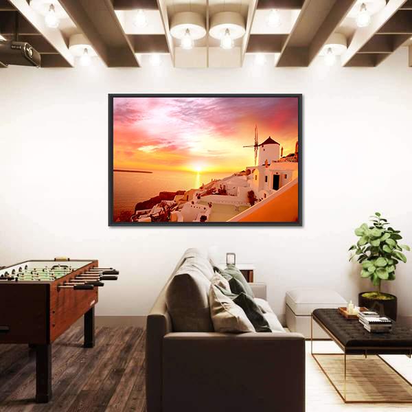 Santorini With Famous Windmill In Greece Canvas Wall Art-3 Horizontal-Gallery Wrap-25" x 16"-Tiaracle