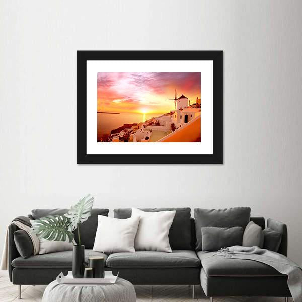 Santorini With Famous Windmill In Greece Canvas Wall Art-3 Horizontal-Gallery Wrap-25" x 16"-Tiaracle