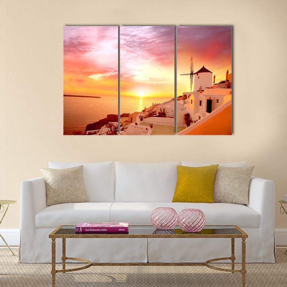 Santorini With Famous Windmill In Greece Canvas Wall Art-3 Horizontal-Gallery Wrap-37" x 24"-Tiaracle